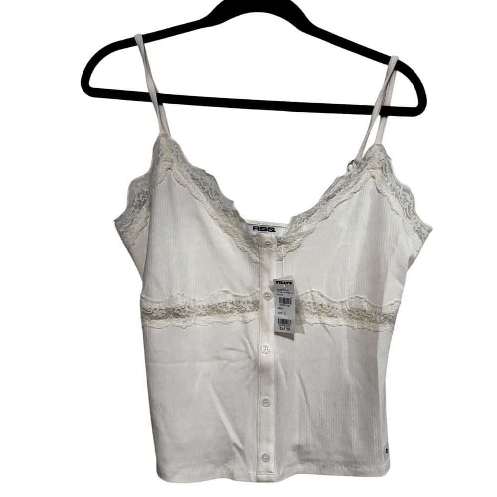 RSQ White Rib Knit Lace Trim Button Front Cami Tank Top Size XL NWT